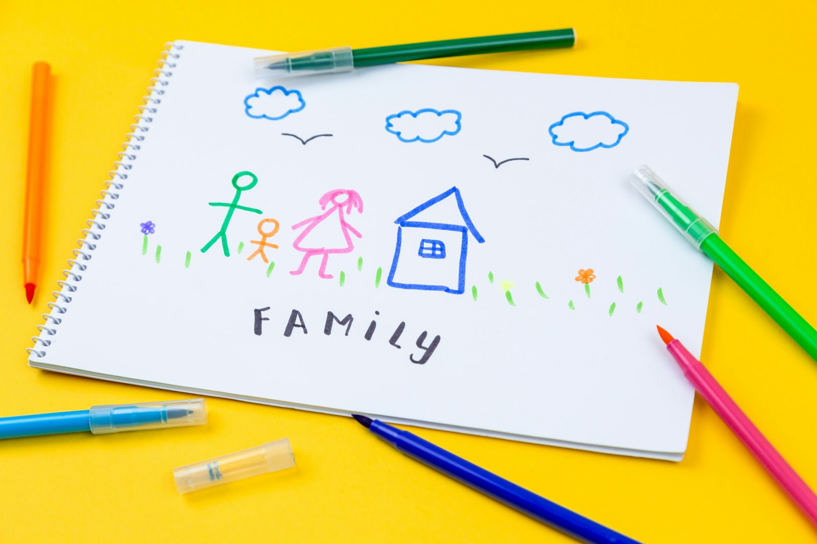 孩子用彩色水笔画的家庭图画,写有FAMILY字样